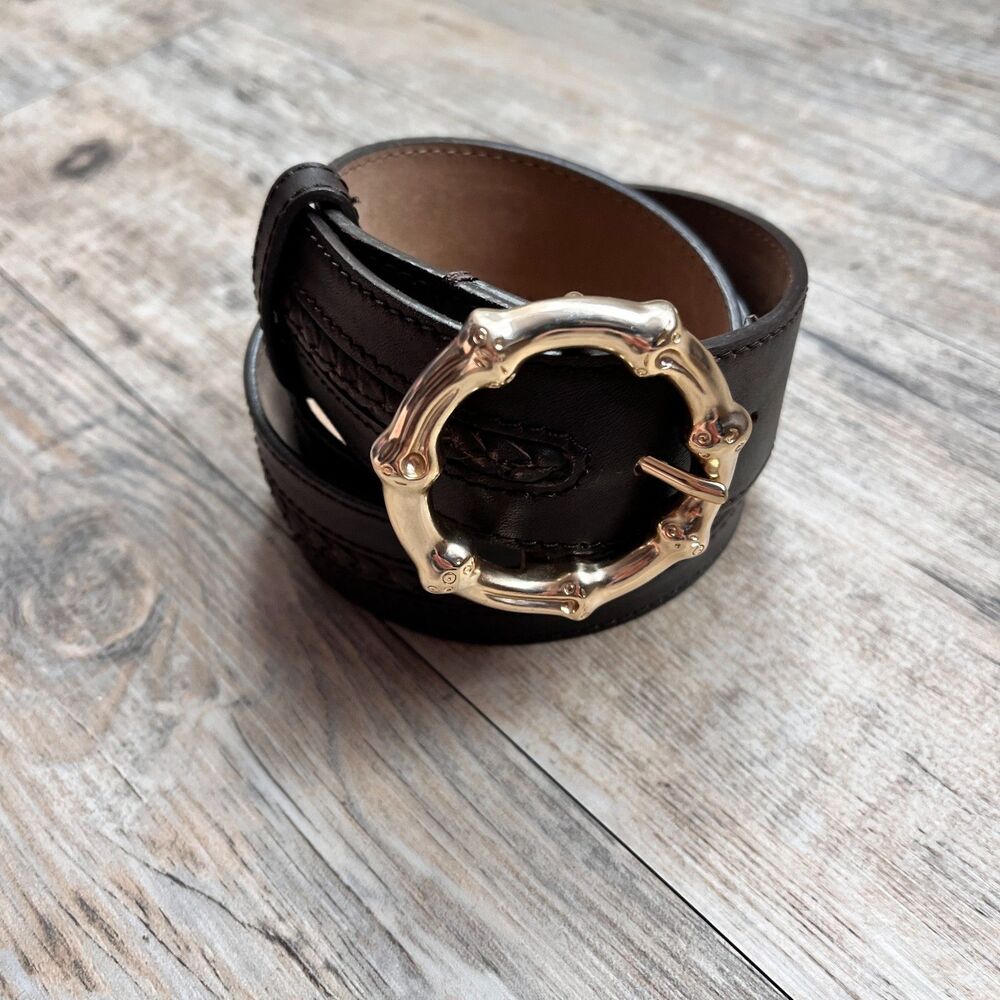 Ann Taylor Dark Brown Leather Belt Gold Buckle Size 34 Classic Vintage Large